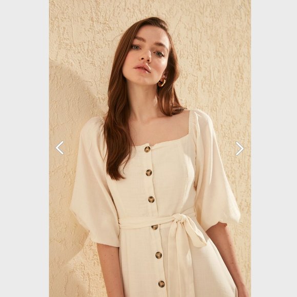 Organic Ecru Belted Buttoned Maxi Dress - Picture 3 of 10